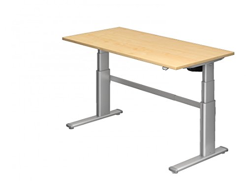 Höhenverstellbarer Schreibtisch DR-Office - 160 x 80 cm - Schreibtisch in 7 Farben - Stahlgestell silber - elektrisch verstellbar bis maximal 130 cm, Farbe:Ahorn