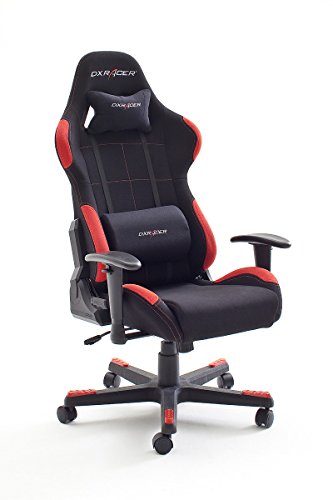 DX Racer1, Bürostuhl, Gaming Stuhl, Schreibtischstuhl, Chefsessel mit Armlehnen, Gaming chair, Gestell Nylon, 78 x 124-134 x 52 cm, Stoffbezug schwarz / rot (62501SR4)