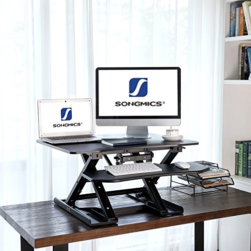 SONGMICS Sitz-Steh-Schreibtisch Höhenverstellbarer Aufsatz Laptop-Ständer Monitorständer Schnell Zum Stehen Einstellen Abnehmbaren und winkeleinstellbaren Tastaturablage 80 x 62 cm Schwarz LSD08B - 3