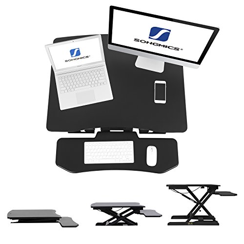SONGMICS Sitz-Steh-Schreibtisch Höhenverstellbarer Aufsatz Laptop-Ständer Monitorständer Schnell Zum Stehen Einstellen Abnehmbaren und winkeleinstellbaren Tastaturablage 80 x 62 cm Schwarz LSD08B - 4