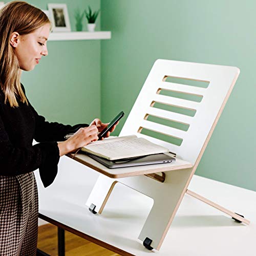 Standsome Slim White – Höhenverstellbarer Schreibtischaufsatz, ergonomisches Stehpult, nachhaltiger Sitz Steh Arbeitsplatz, Laptopständer aus Holz weiß - 5