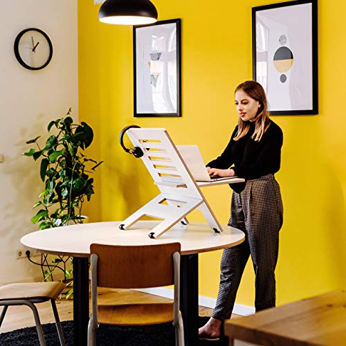 Standsome Slim White – Höhenverstellbarer Schreibtischaufsatz, ergonomisches Stehpult, nachhaltiger Sitz Steh Arbeitsplatz, Laptopständer aus Holz weiß - 7